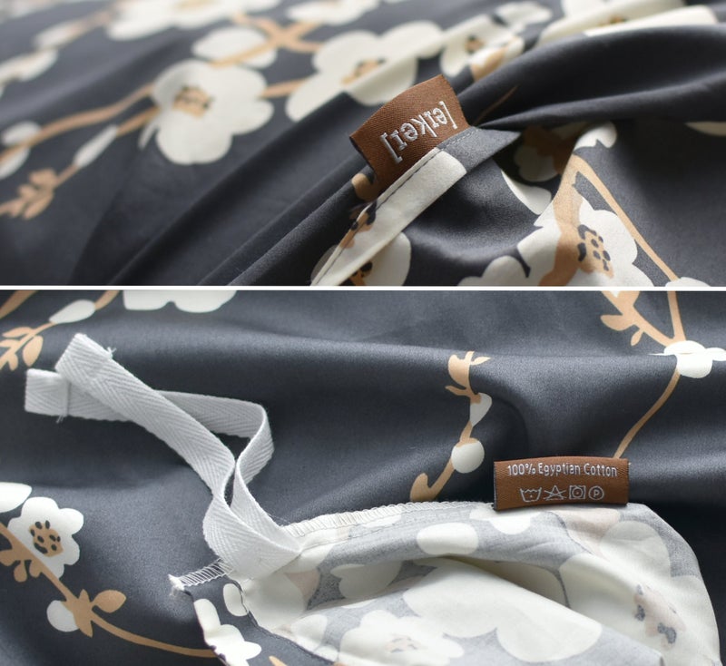 Eikei Japanese Oriental Style Cherry Red Blossom Floral Branches Print Duvet Quilt Cover 300tc Cotton Bedding 3 Piece Set (Charcoal, King) - Image 4